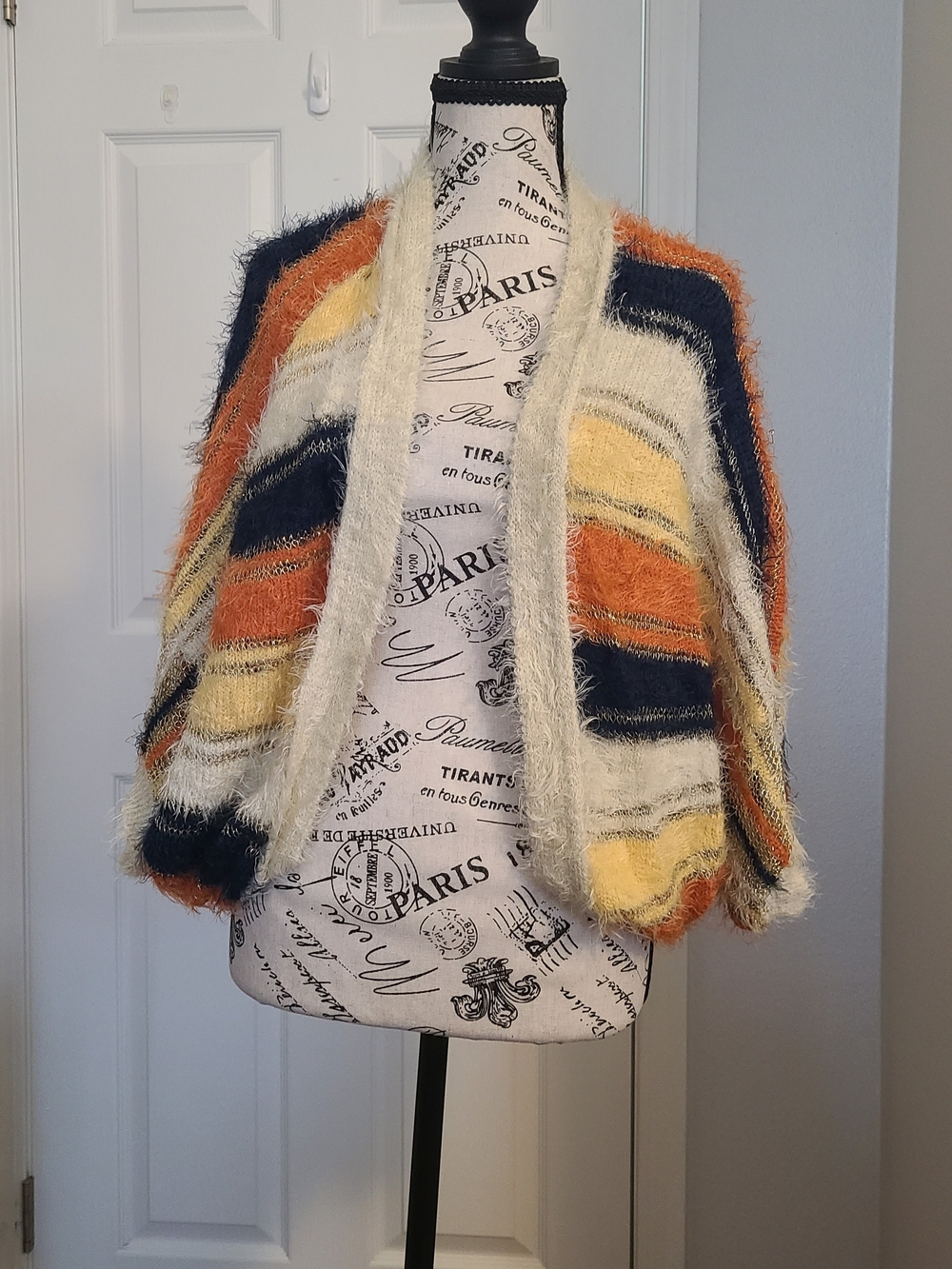 Cozy Fuzzy Striped Open Cardigan - Cream, Navy, Orange, Yellow